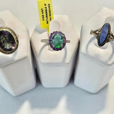 (3) Sterling Rings - Mystic Topaz Sz 5, Opal w/ Amethyst Sz 8.25 and Lapis Sz 6.5