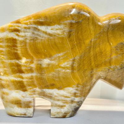 Large Hand Carved Orange Calcite Stone Bison Figure 