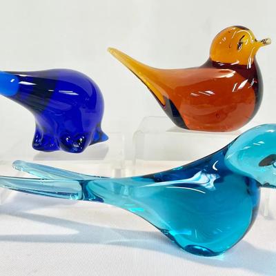 Handblown Art Glass Figurines - Amber Bird, Cobalt Polar Bear And Josef Marcolin Long Tail Bird