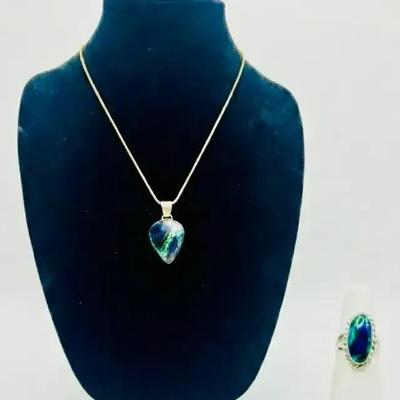 Azurite + Malachite Sterling Pendant Necklace & Ring
