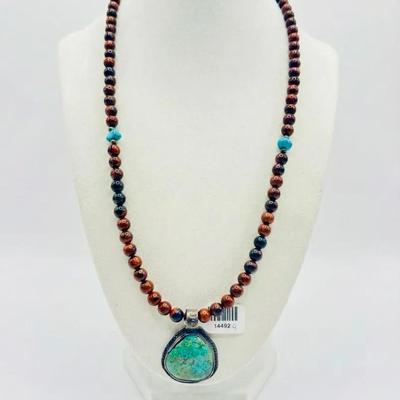Red Tigers Eye Beaded & Green Turquoise Sterling Pendant Necklace 