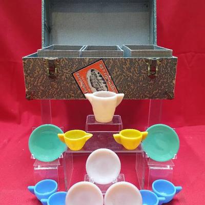 Vintage Stone Miniature Dish Set with Three-Compartment Storage Case