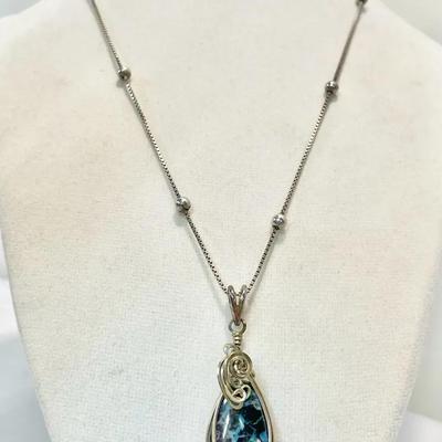 Sterling Wire-Wrapped Boulder Opal Pendant Necklace 17.5”