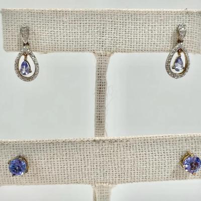 Two Pair Vintage 925 Tanzanite Earrings - Studs And Dangle Drop Marcasite 