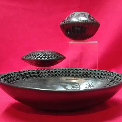 Signed Black Mata Ortiz Pottery Trio