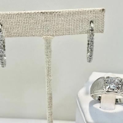 Sterling Lind Cubic Zirconia Ring Men’s Size 12 And 925 Hoop Earrings 