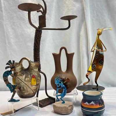 Southwestern Kokopelli Art Lot – Iron Candelabra, Metal Figurines & Ceramic Wedding Vases (7 Pieces)