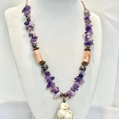 925 Amethyst, Heishi Bead, With Large Wild Horse Magnesite Necklace By Navajo Artisan