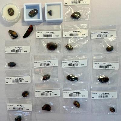 Fire Agate Cabochon Lot – Labeled Stones w/ Sizes & Weights – Mixed Shapes – 20+ pcs 