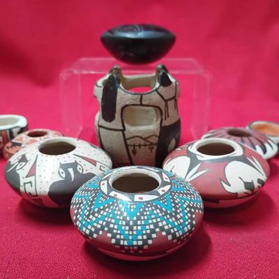 Nine-Piece Southwestern Miniature Ceramic Vase Lot — Angea (Tohono O’odham), Julio Mora & Y.R.