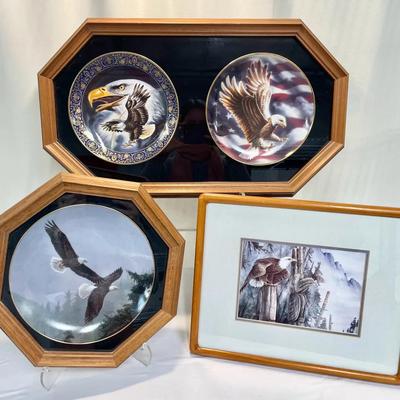 Framed Eagle Print By Sue Coleman And Authenticated Eagle Collector’s Plates 