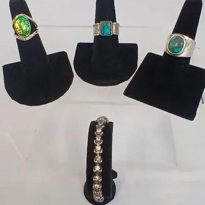 Sterling Tennis Bracelet (7) & Sterling Rings 7.25 & 3.5