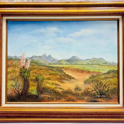 Southwestern Desert Landscape Painting by F. Burns – Yucca & Mountains – Framed