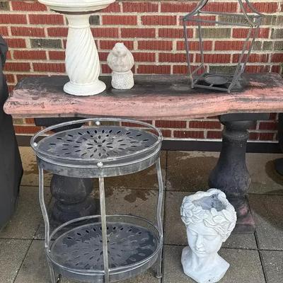 Garden patio tables, planters, bird bath & such