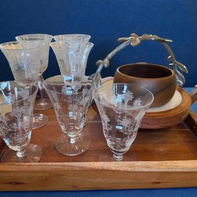 Tiffin glassware wood serving tray & other serving pieces