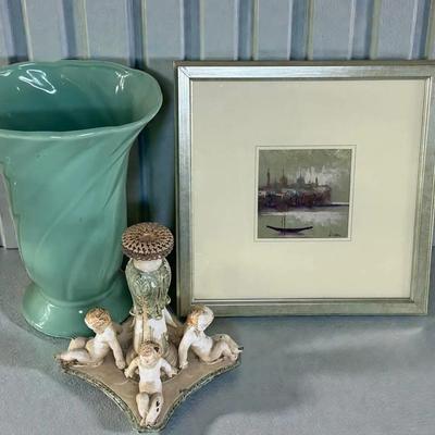 Andrea alzeni painting cherub metal base & unsigned vase