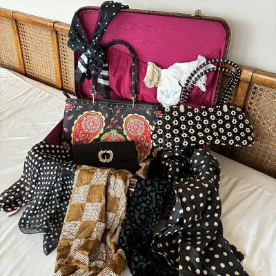 Vintage suitcase handbag and scarves