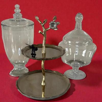 Glass lidded jars decorative two tiered serving tray