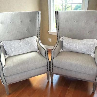 Pair of linen wing back chairs