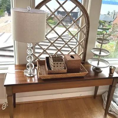 Console table decor & stacked ball lamp with drum shade