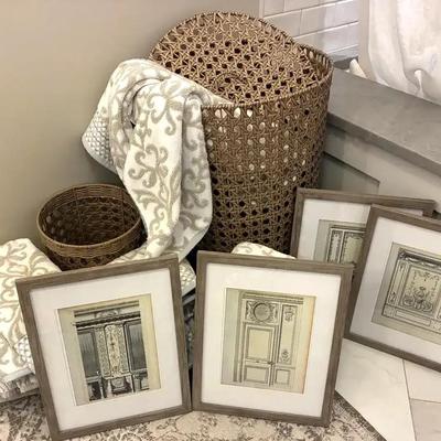 Decorative bath towels and framed art