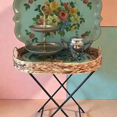 Hand painted toleware metal tray wicker butler tray & more