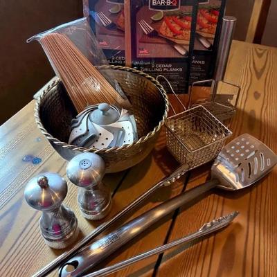 Kitchen items including grilling supplies