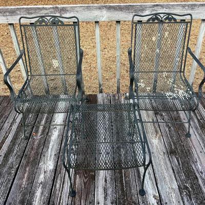 Pair of Wrought Iron Chairs with Matching Foot Ottoman 