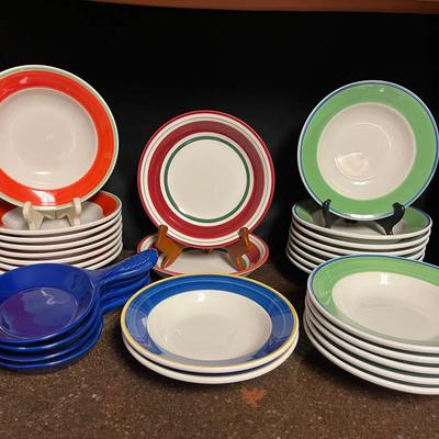 Large Group of Color-Banded Stoneware Bowls & Serving Dishes
