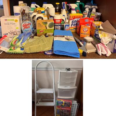 Cleaning Supplies And Set 8 Cubes Of Storage, Two Clear Storage, White Metal Stepstool