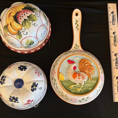 Vintage Hand Painted Ceramic Wall Hanging Molds Rooster Fruit Floral 1980s