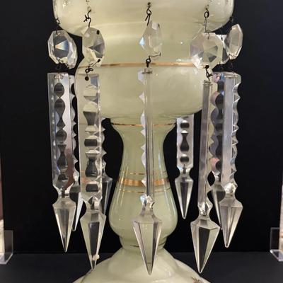 Antique Victorian Cased Glass Mantel Lusters Pair Green Satin Hand Painted Prisms 1880s Bohemian