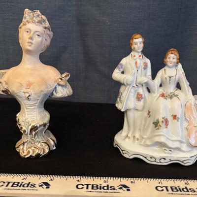 Vintage Porcelain Figurines Set Art Nouveau Perfume Bottle Bust Victorian Couple Japan Collectible
