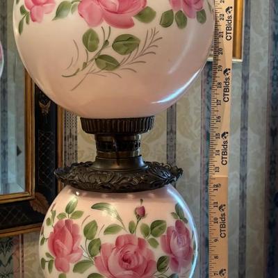 Vintage Gone with the Wind Parlor Lamp Hurricane Lamp Hand-Painted Pink Roses Pale Pink Glass