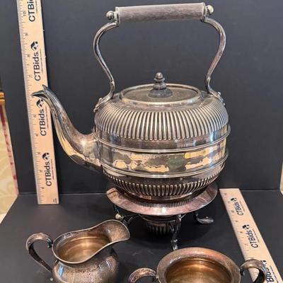 Antique Silver Plated Spirit Kettle Stand Burner Creamer Sugar Set Ribbed Design Victorian Style