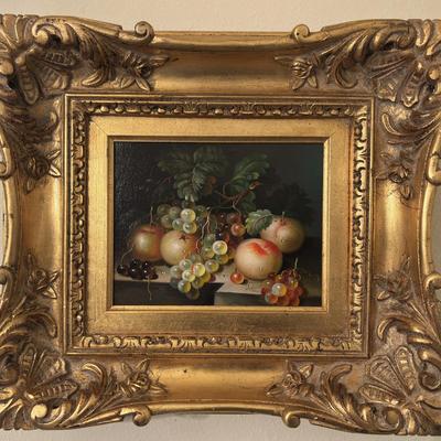 Vintage Still Life Oil Painting Grapes Peaches Carafe Ornate Gilt Frame 1950s