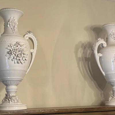 Pair Italian White Ceramic Urn Vases 20 Inch Fruit Garland Blanc de Chine Style Antique