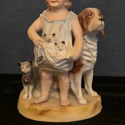 Antique German Bisque Figurine Girl Dog Kittens Piano Baby Victorian Hand Painted Porcelain