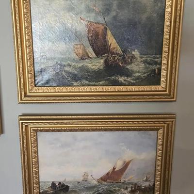 Antique 1916  British Maritime Oil Paintings Pair Stormy Sea Winsor Newton Canvas