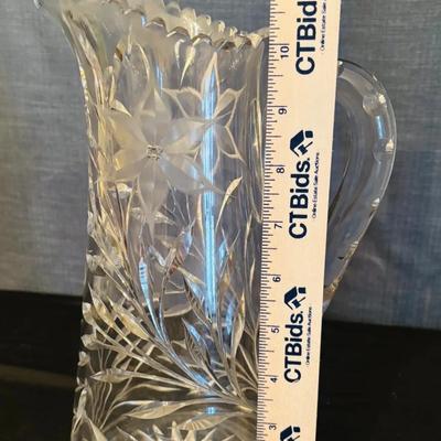 Antique American Brilliant Period Cut Glass Water Pitcher Heavy Crystal Floral Daisy Star Base 