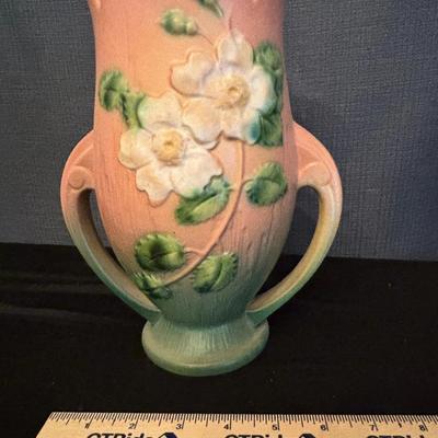 Vintage Roseville Pottery White Rose Double Handle Vase Pink Green 1940 American Art Pottery
