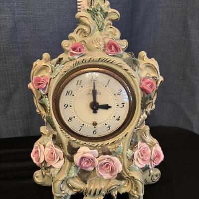 Vintage Lanshire Electric Porcelain Mantel Clock Capodimonte Style Victorian Rococo Mid-Century