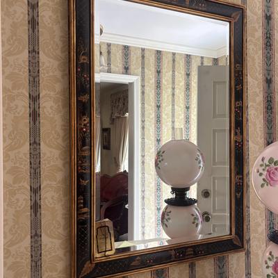 Friedman Brothers Chinese Chippendale Mirror Black Gold Lacquer Wood Frame 48x36 Vintage
