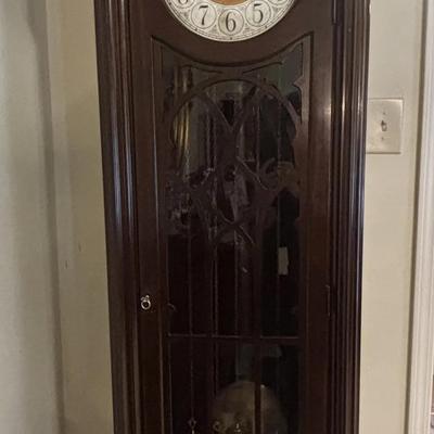 Vintage Hanson Gothic Mahogany Grandfather Clock 81 Inch Tall Longcase Floor Clock