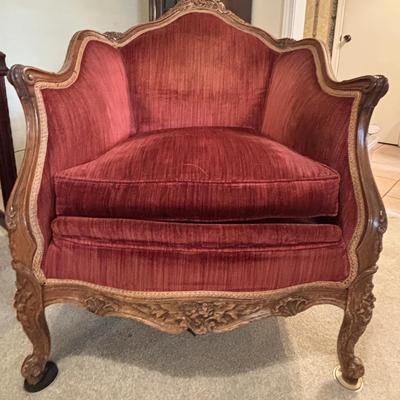 Vintage Louis XV Style Bergere Armchair Original Red Velvet Upholstery French Provincial Carved Wood