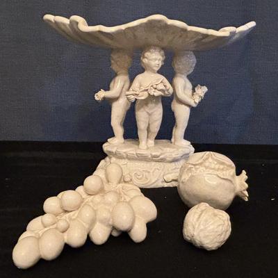 Vintage Porcelain Centerpiece Bowl Tazza Putti Cherub Fruit Grapes Italian