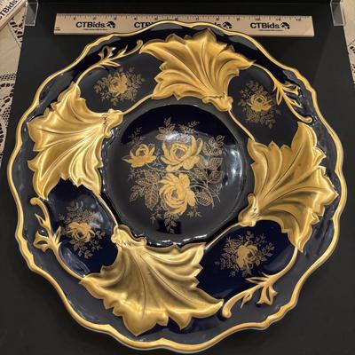Vintage Weimar Porzellan Jutta Cobalt Blue Gold Leaf Platter 12.5 Inch Germany Rose Motif