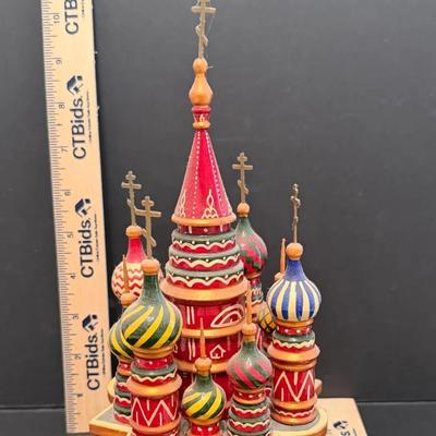 Vintage Hand Painted Wooden Music Box Saint Basil's Cathedral Moscow Russian Souvenir