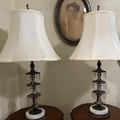 Pair Vintage Hollywood Regency Style Brass Marble Crystal Prism Table Lamps 30 Inch Mid-Century