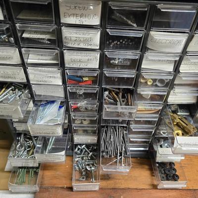 Lot of 2 Small Parts Organizer Cabinets Clear Drawers Assorted Hardware Screws Bolts Nuts Included
